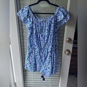 VineyardVines Blue/White Tropical Print Romper w/Elastic Neck&Drawstring Waist.L